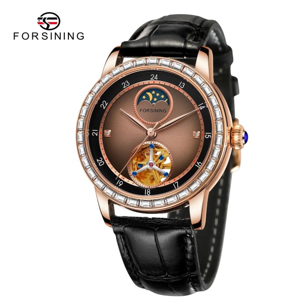 Женские механические часы Forsining 8257 Pink Gold с автоподзаводом и кожаным ремешком