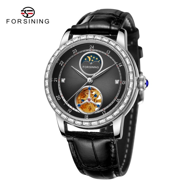 Мужские механические часы Forsining 8257 Silver-Black с автоподзаводом и кожаным ремешком