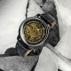 Мужские механические часы Forsining 8173 All Black-Gold Leather с автоподзаводом и кожаным ремешком