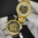 Мужские механические часы Forsining 8173 All Black-Gold Leather с автоподзаводом и кожаным ремешком