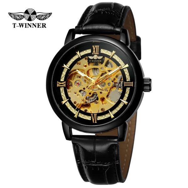 Мужские механические часы Forsining 8173 All Black-Gold Leather с автоподзаводом и кожаным ремешком