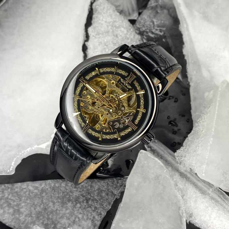 Чоловічий механічний годинник Forsining 8173 Gold-Black Leather з автопідзаводом та мінеральним склом