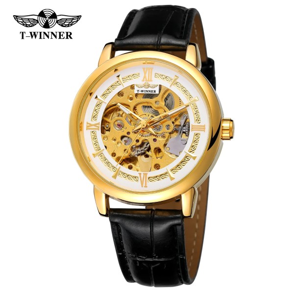 Мужские механические часы Forsining 8173 Gold-White Leather с автоподзаводом и золотистым корпусом