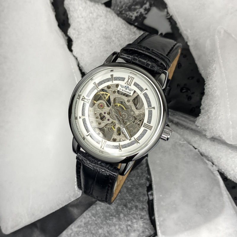 Мужские механические часы Forsining 8173 Silver-Black Leather с автоподзаводом и кожаным ремешком