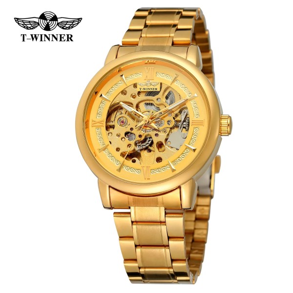 Мужские механические часы Forsining 8173 Gold-Gold Steel с автоподзаводом и золотистым браслетом