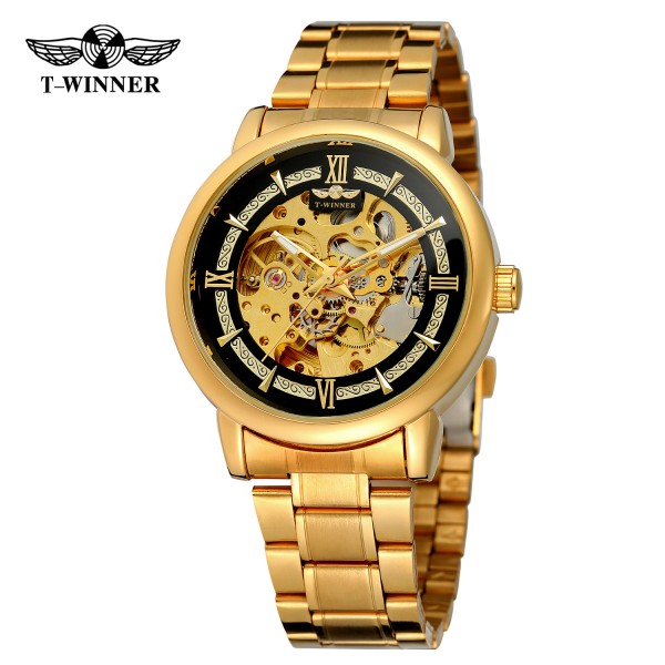 Мужские механические часы Forsining 8173 Gold-Black Steel с автоподзаводом и люминесценцией