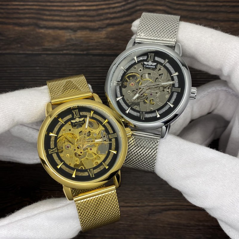 Чоловічий механічний годинник Forsining 8173 Gold-Black Mesh з автопідзаводом