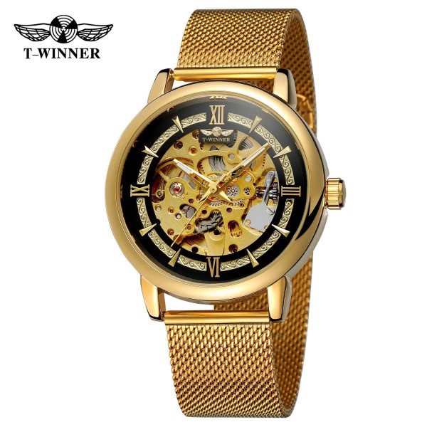 Чоловічий механічний годинник Forsining 8173 Gold-Black Mesh з автопідзаводом