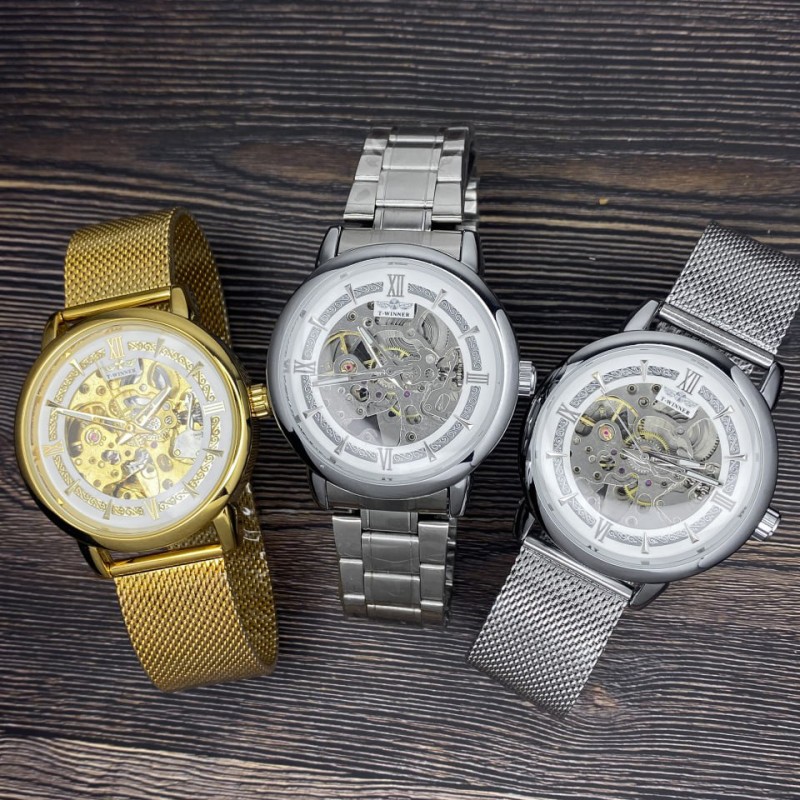 Чоловічий механічний годинник Forsining 8173 Gold-White Mesh з автопідзаводом та золотистим браслетом