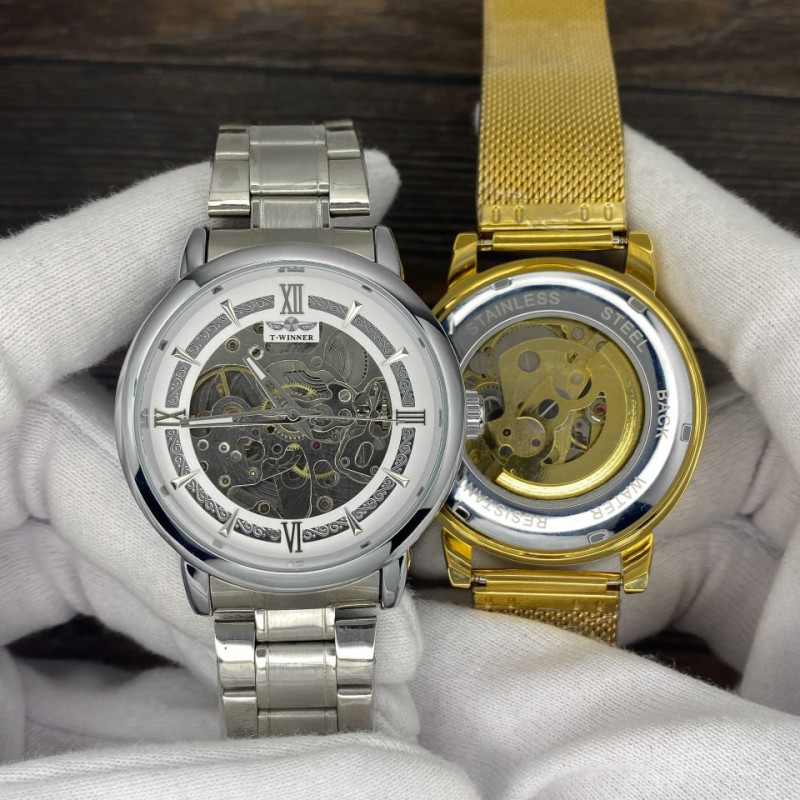 Чоловічий механічний годинник Forsining 8173 Gold-White Mesh з автопідзаводом та золотистим браслетом