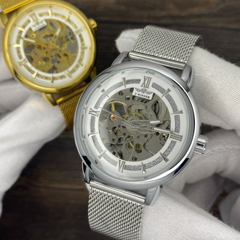 Чоловічий механічний годинник Forsining 8173 Gold-White Mesh з автопідзаводом та золотистим браслетом