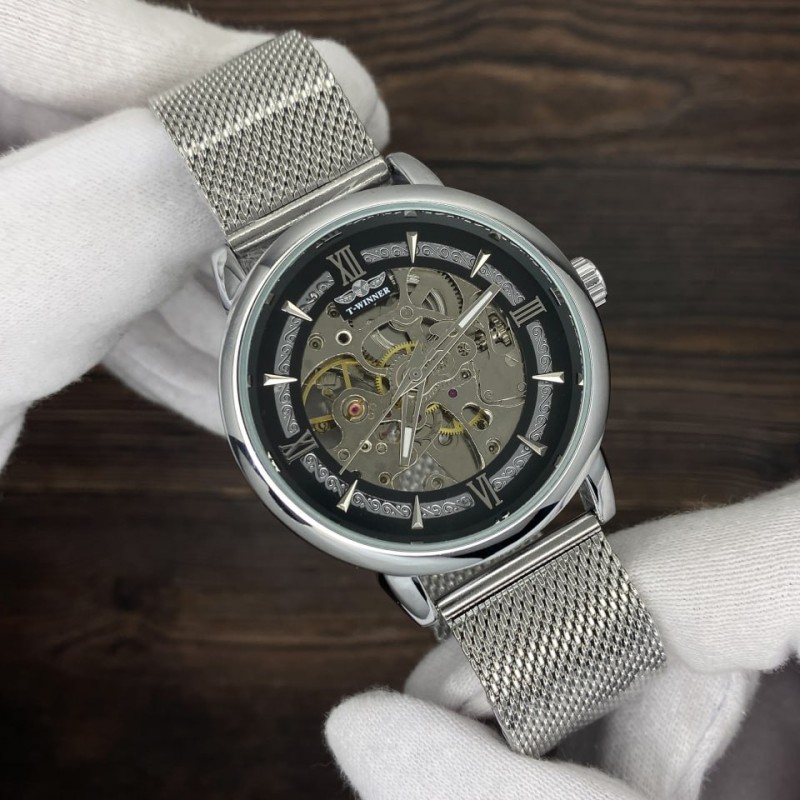 Мужские механические часы Forsining 8173 Silver-Black Mesh с автоподзаводом и стальным браслетом