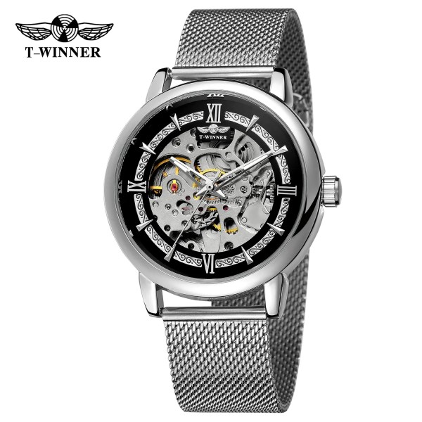 Мужские механические часы Forsining 8173 Silver-Black Mesh с автоподзаводом и стальным браслетом