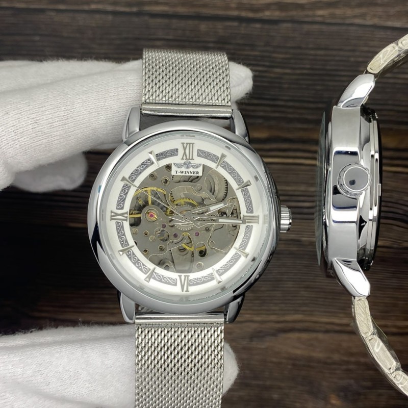 Мужские механические часы Forsining 8173 Silver-White Mesh с автоподзаводом и стальным браслетом
