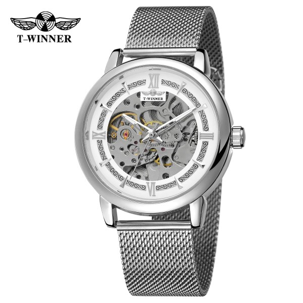 Мужские механические часы Forsining 8173 Silver-White Mesh с автоподзаводом и стальным браслетом