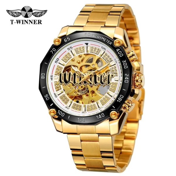 Мужские механические часы Forsining 8186 Gold-White Steel с автоподзаводом и люминесценцией