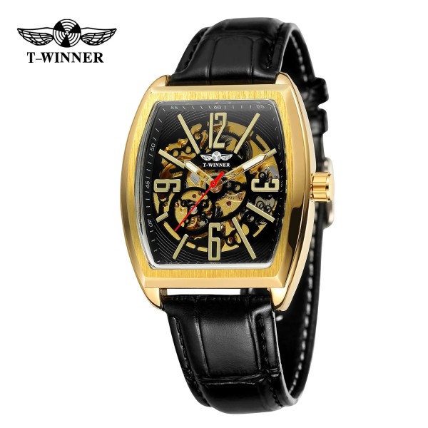 Мужские механические часы Forsining 8199 Gold-Black с автоподзаводом и кожаным ремешком
