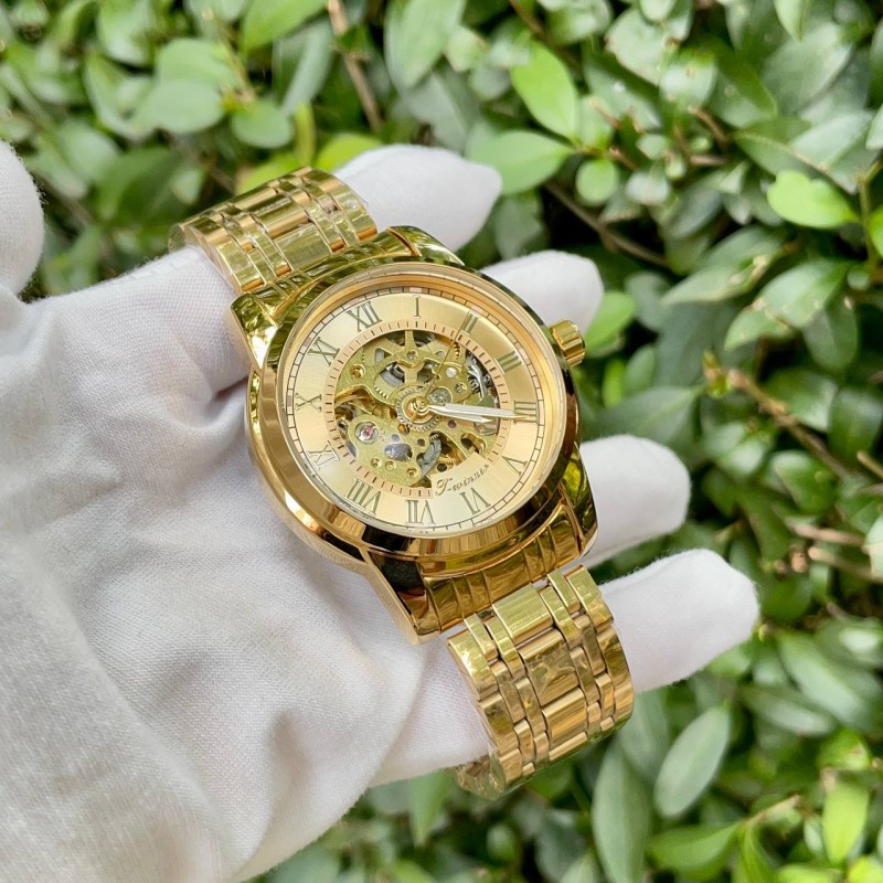 Чоловічий механічний годинник Forsining 8250 Gold-Gold з автопідзаводом та золотистим браслетом