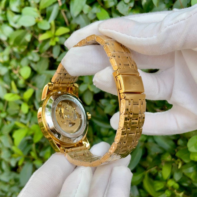 Чоловічий механічний годинник Forsining 8250 Gold-Gold з автопідзаводом та золотистим браслетом