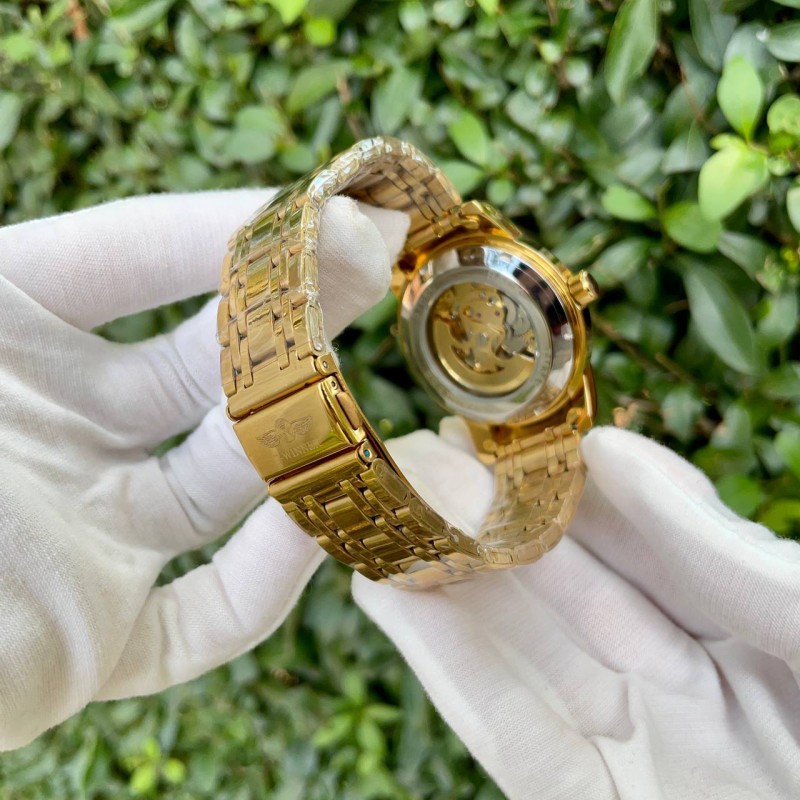 Чоловічий механічний годинник Forsining 8250 Gold-Gold з автопідзаводом та золотистим браслетом