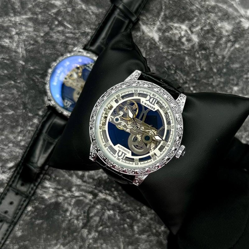 Мужские механические часы Forsining 8258 Silver-Silver с автоподзаводом и кожаным ремешком