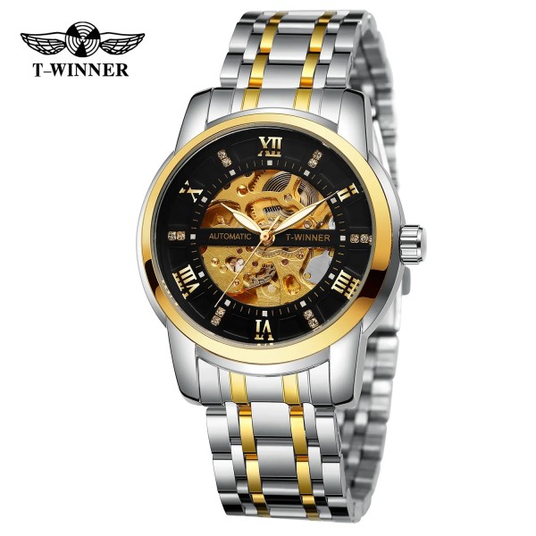 Мужские механические часы Forsining 8241 Silver-Gold-Black с автоподзаводом и стальным браслетом