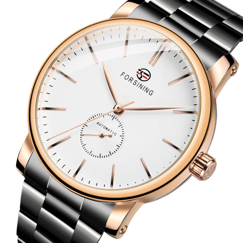 Чоловічий механічний годинник Forsining 8214 Rose Gold-White з автопідзаводом та люмінесцентною підсвіткою