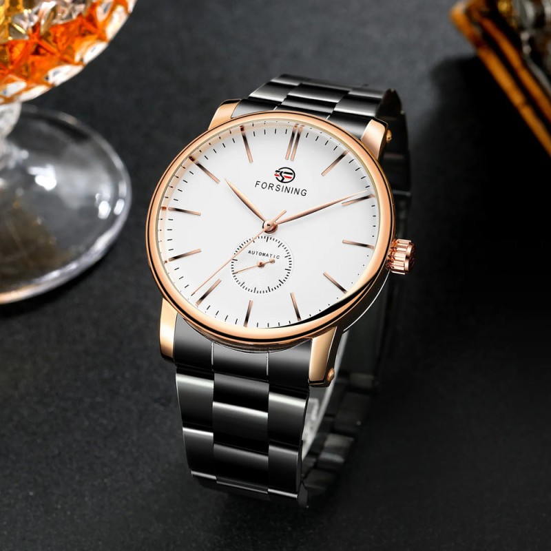 Чоловічий механічний годинник Forsining 8214 Rose Gold-White з автопідзаводом та люмінесцентною підсвіткою