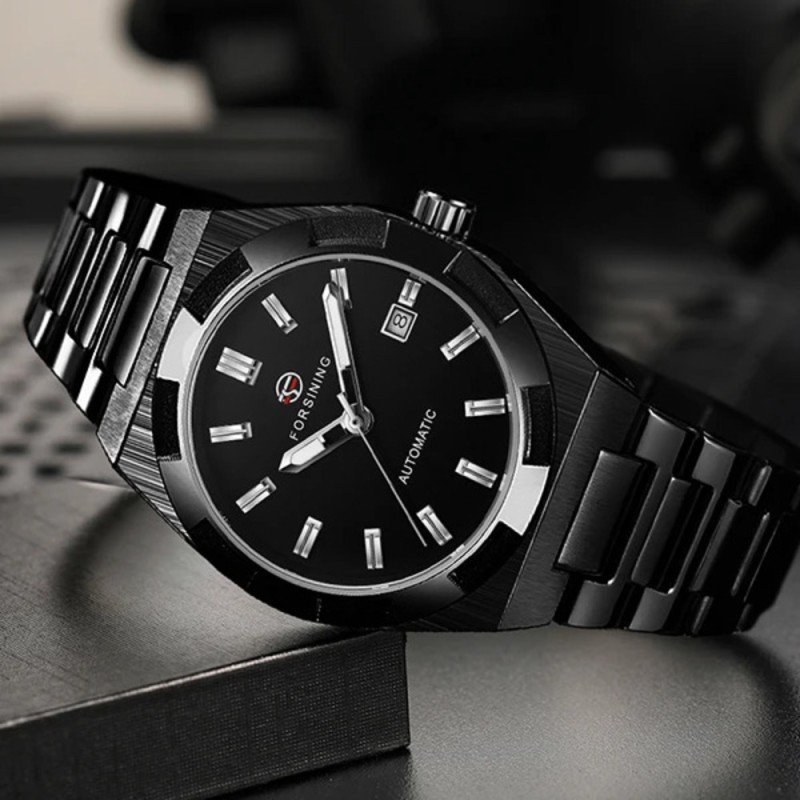 Мужские механические часы Forsining 8264 Black с автоподзаводом и стальным браслетом