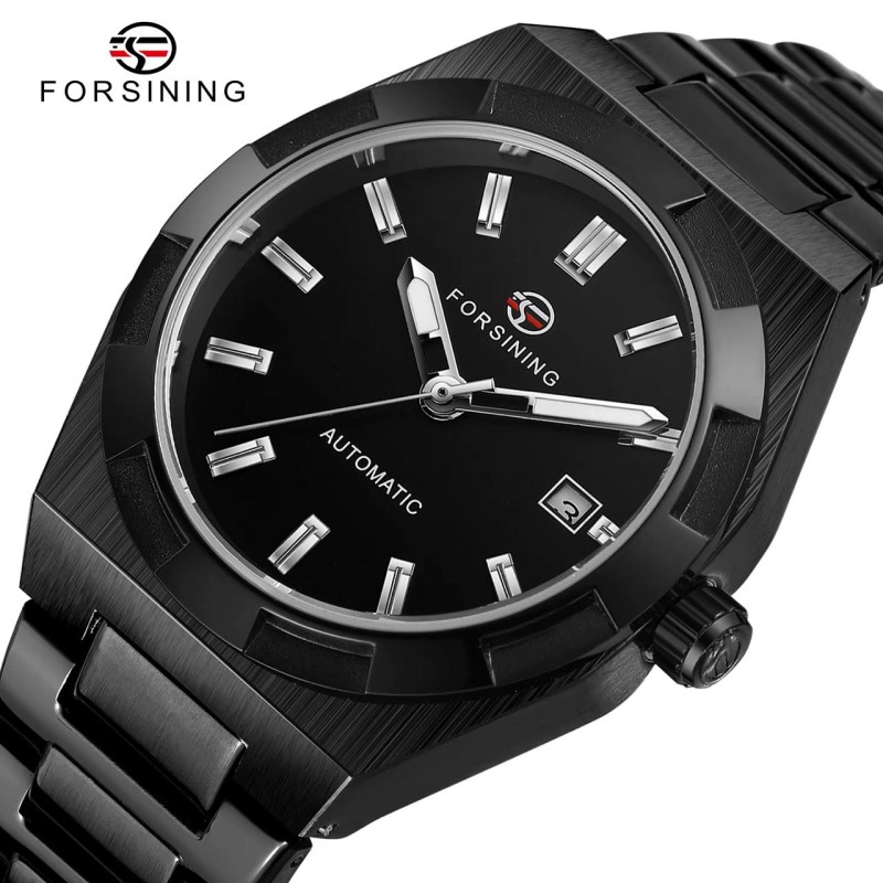 Мужские механические часы Forsining 8264 Black с автоподзаводом и стальным браслетом