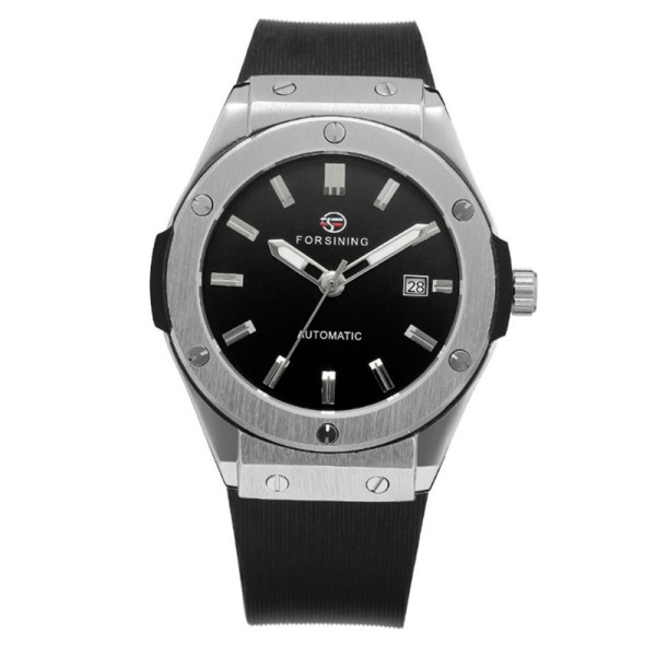 Мужские механические часы Forsining 8107 Silver-Black с автоподзаводом и каучуковым ремешком