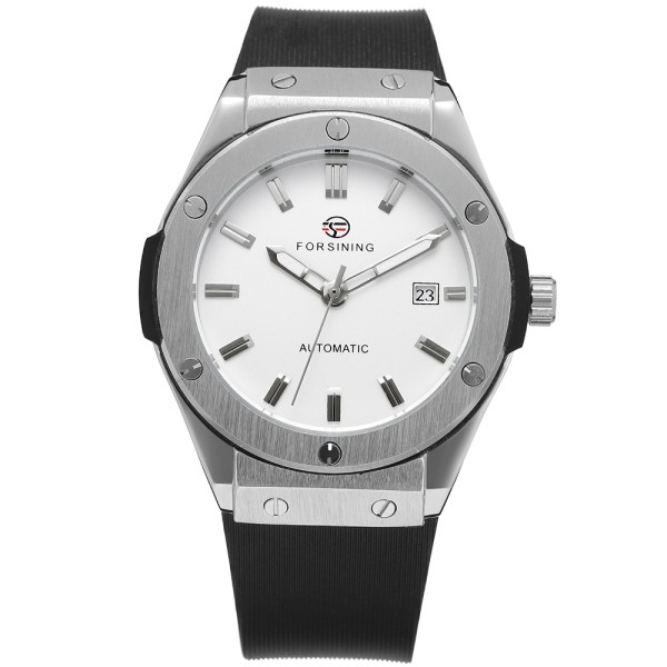 Чоловічий механічний годинник Forsining 8107 Silver-White з автопідзаводом та каучуковим ремінцем