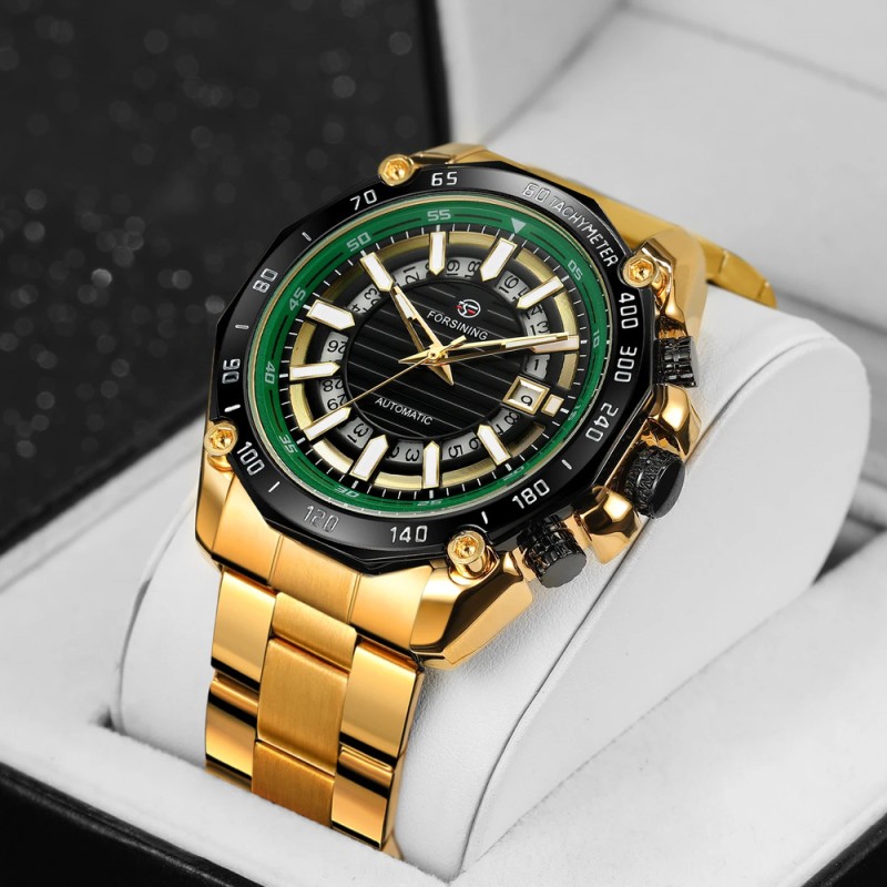 Мужские механические часы Forsining 8279 Gold-Black-Green с автоподзаводом и люминесценцией