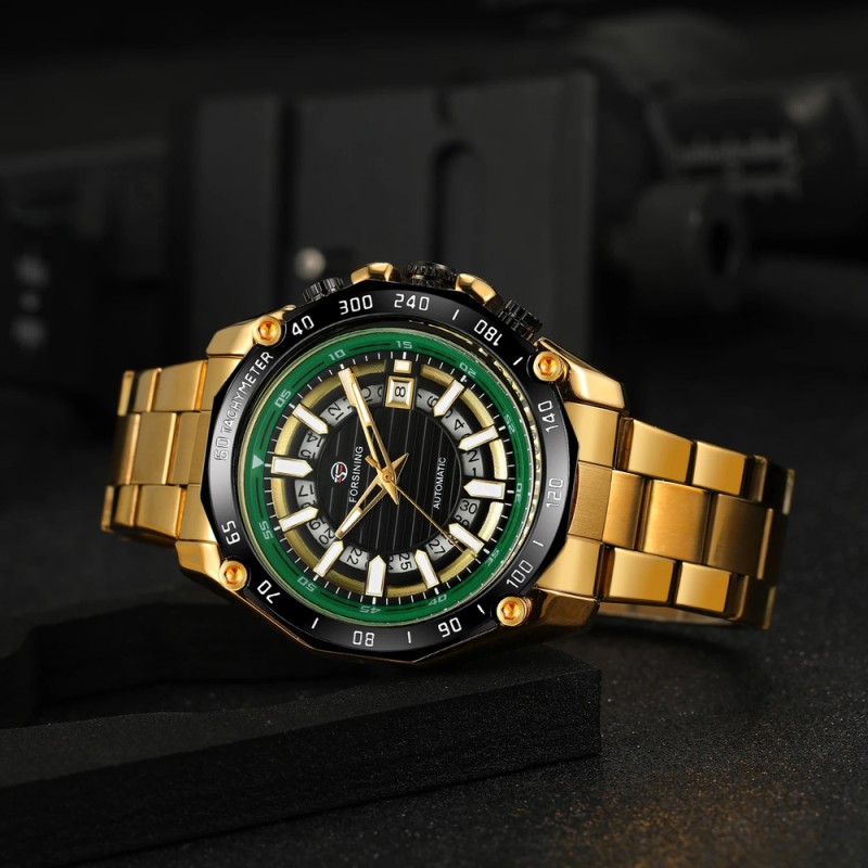 Мужские механические часы Forsining 8279 Gold-Black-Green с автоподзаводом и люминесценцией