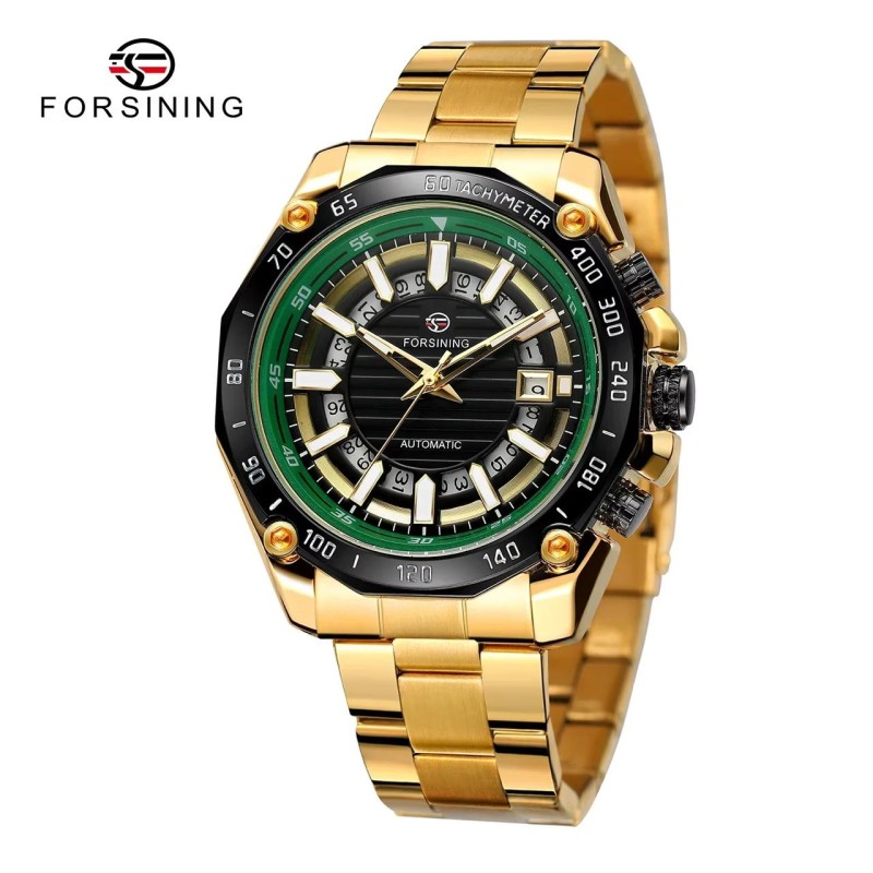Мужские механические часы Forsining 8279 Gold-Black-Green с автоподзаводом и люминесценцией