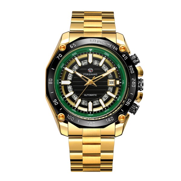 Мужские механические часы Forsining 8279 Gold-Black-Green с автоподзаводом и люминесценцией