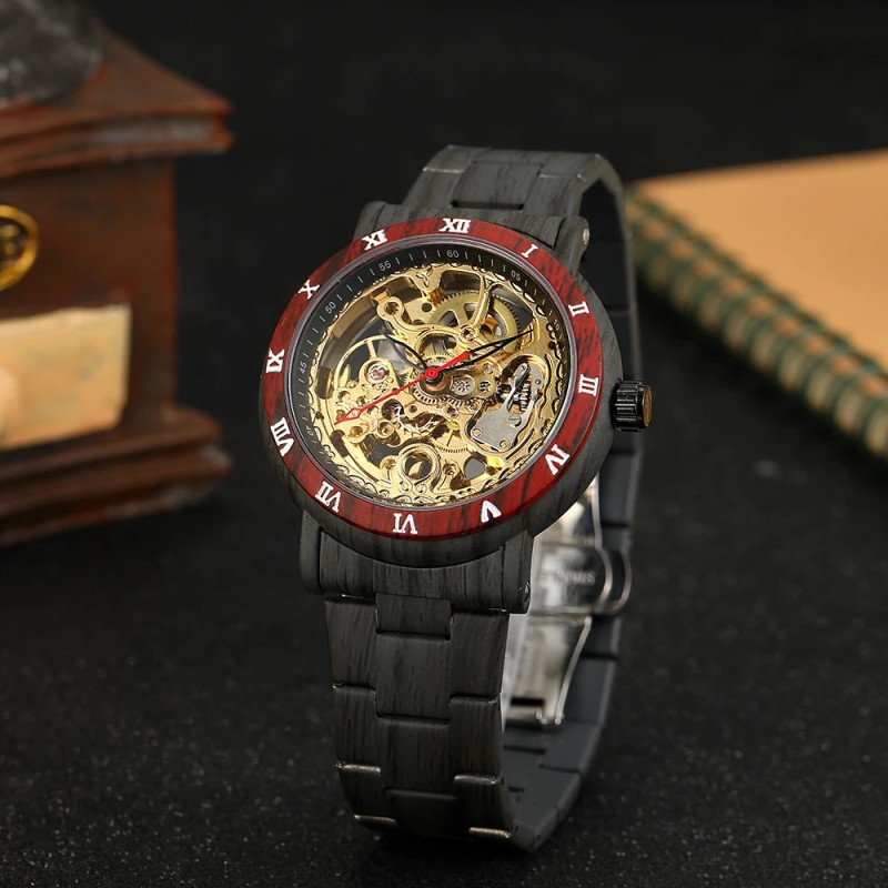 Мужские механические часы Forsining 8277 Black-Red-Gold с автоподзаводом и прозрачным циферблатом