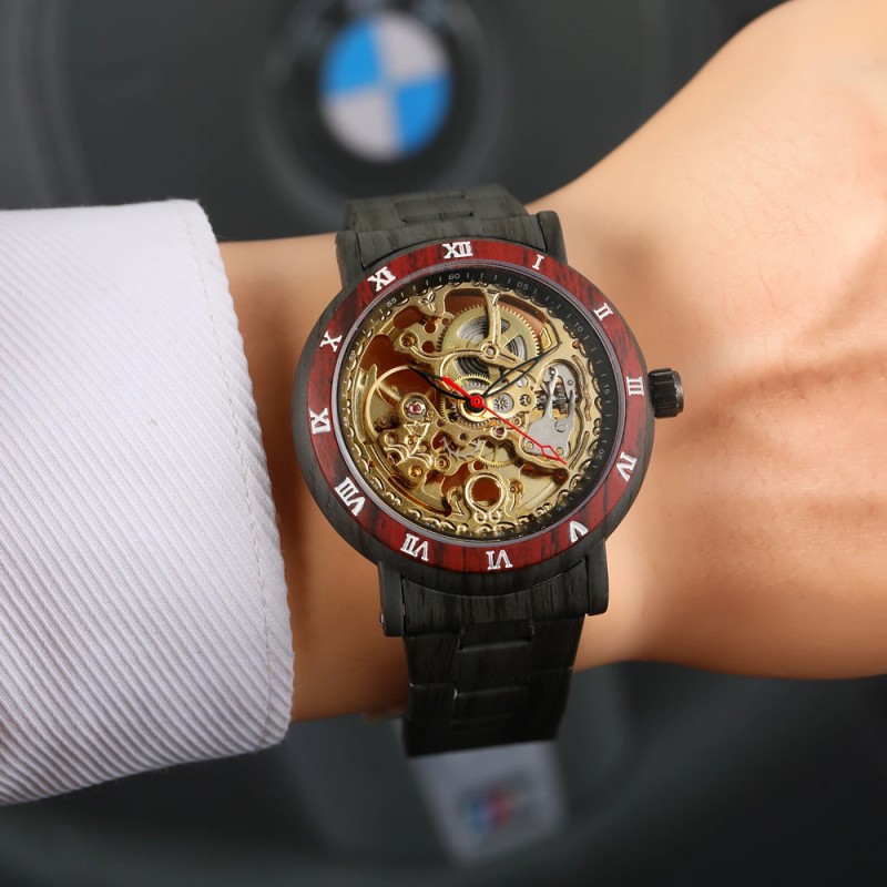 Мужские механические часы Forsining 8277 Black-Red-Gold с автоподзаводом и прозрачным циферблатом