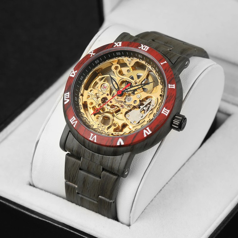 Мужские механические часы Forsining 8277 Black-Red-Gold с автоподзаводом и прозрачным циферблатом