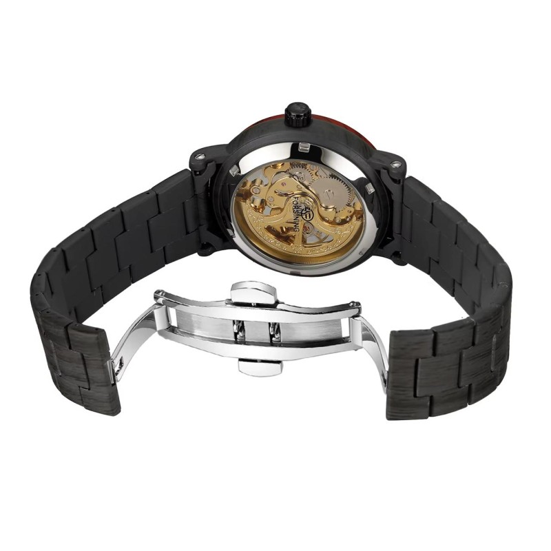 Мужские механические часы Forsining 8277 Black-Red-Gold с автоподзаводом и прозрачным циферблатом