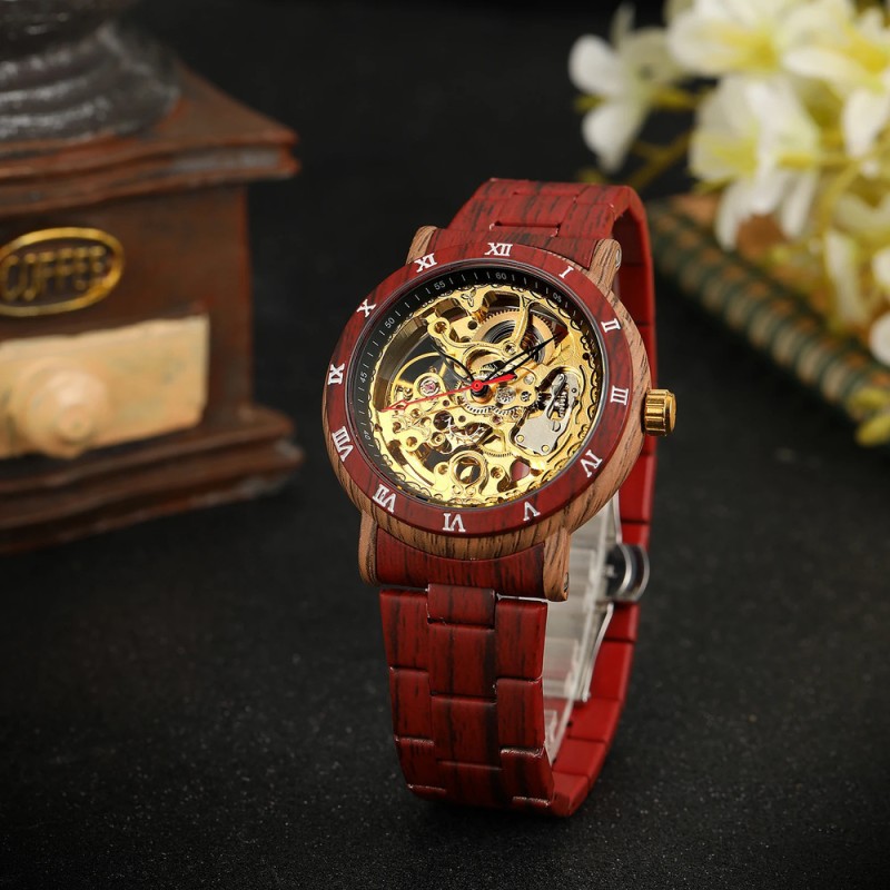 Мужские механические часы Forsining 8277 Red-Gold с автоподзаводом и прозрачным циферблатом