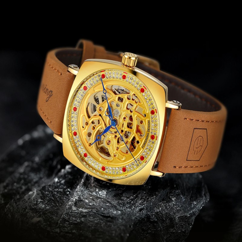 Мужские механические часы Forsining 8274 Gold с автоподзаводом и кожаным ремешком