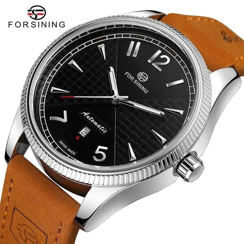 Мужские механические часы Forsining 8270 Silver-Black с автоподзаводом и кожаным ремешком
