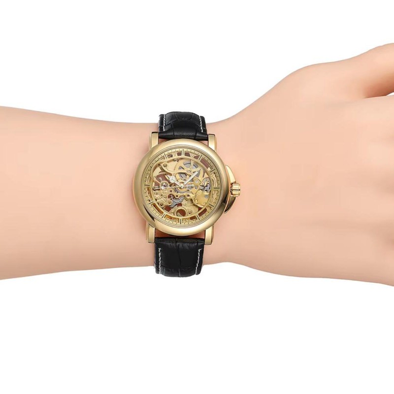 Мужские механические часы Forsining 8156 Black-Gold с автоподзаводом и кожаным ремешком