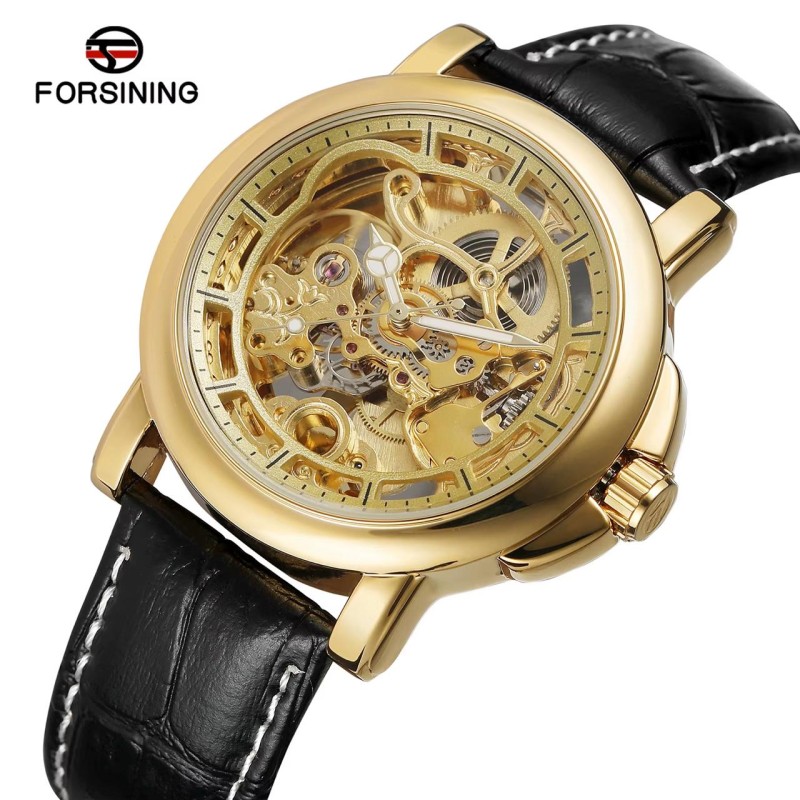 Мужские механические часы Forsining 8156 Black-Gold с автоподзаводом и кожаным ремешком