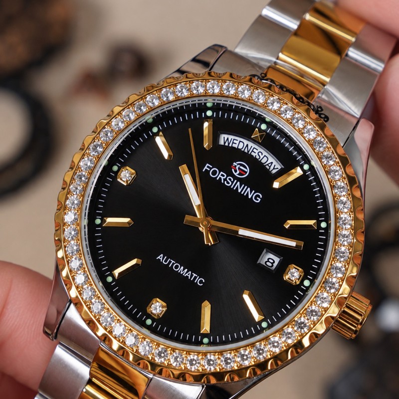 Мужские механические часы Forsining 6919 Silver-Gold-Black Steel с автоподзаводом и календарем