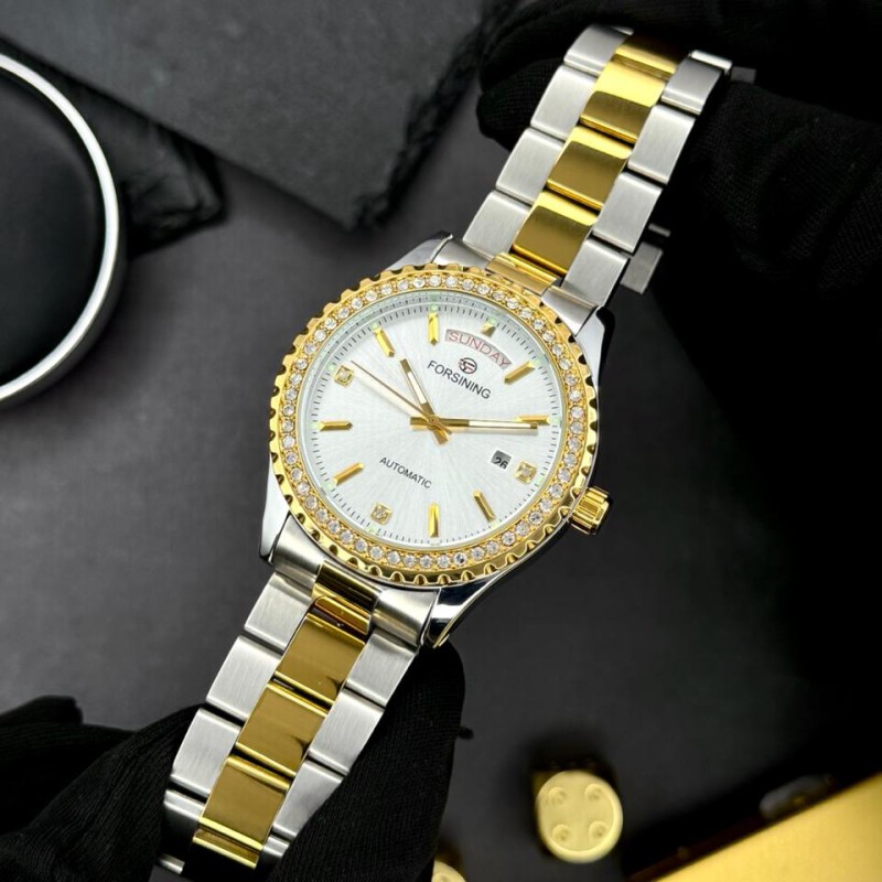 Мужские механические часы Forsining 6919 Silver-Gold-White Steel с автоподзаводом и браслетом