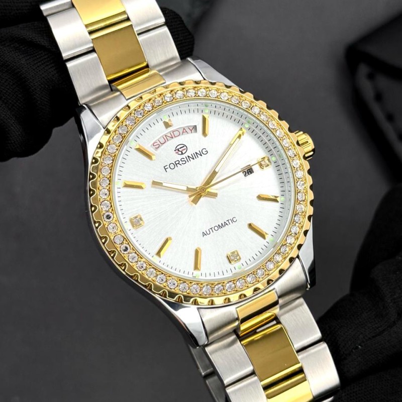 Мужские механические часы Forsining 6919 Silver-Gold-White Steel с автоподзаводом и браслетом