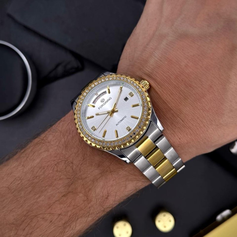 Мужские механические часы Forsining 6919 Silver-Gold-White Steel с автоподзаводом и браслетом