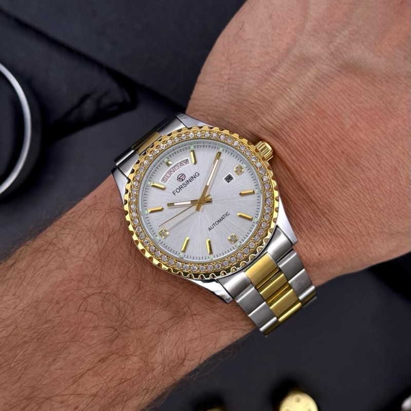 Мужские механические часы Forsining 6919 Silver-Gold-White Steel с автоподзаводом и браслетом